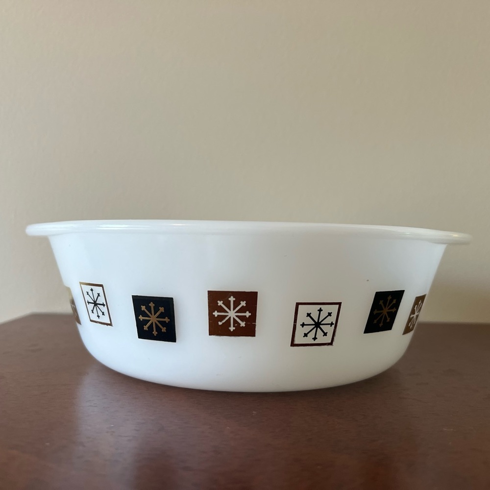 Vintage MCM Atomic Snowflake Inland Glass Casserole Dish